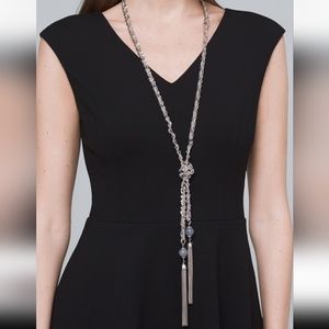 NWT white house black market silver grey real leather tassel necklace